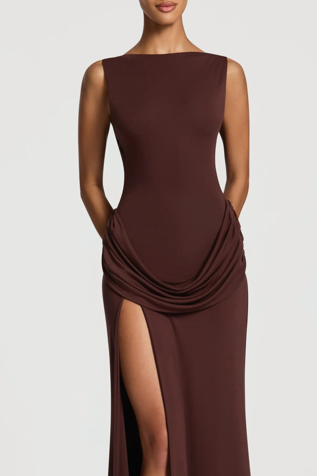 Amaya Sleeveless Ruched Backless Maxi Dress - Brown