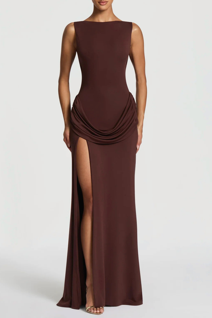 Amaya Sleeveless Ruched Backless Maxi Dress - Brown