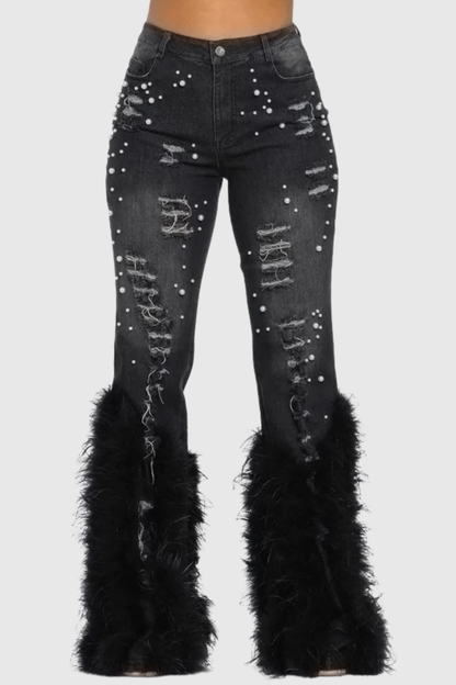 Amberlyn Pearl Embellished Fur Jeans - Black