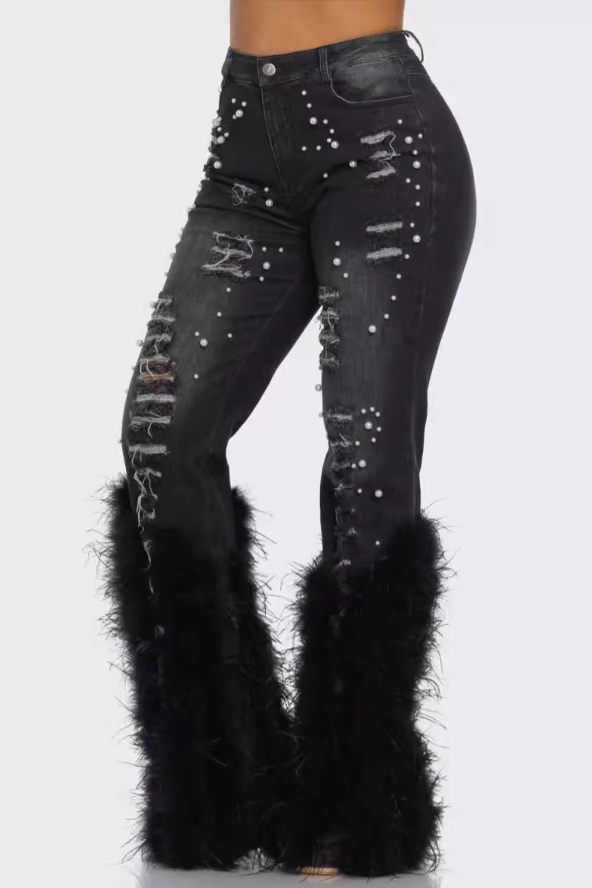 Amberlyn Pearl Embellished Fur Jeans - Black