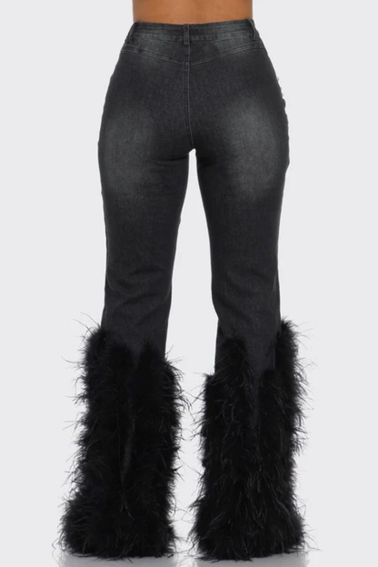 Amberlyn Pearl Embellished Fur Jeans - Black