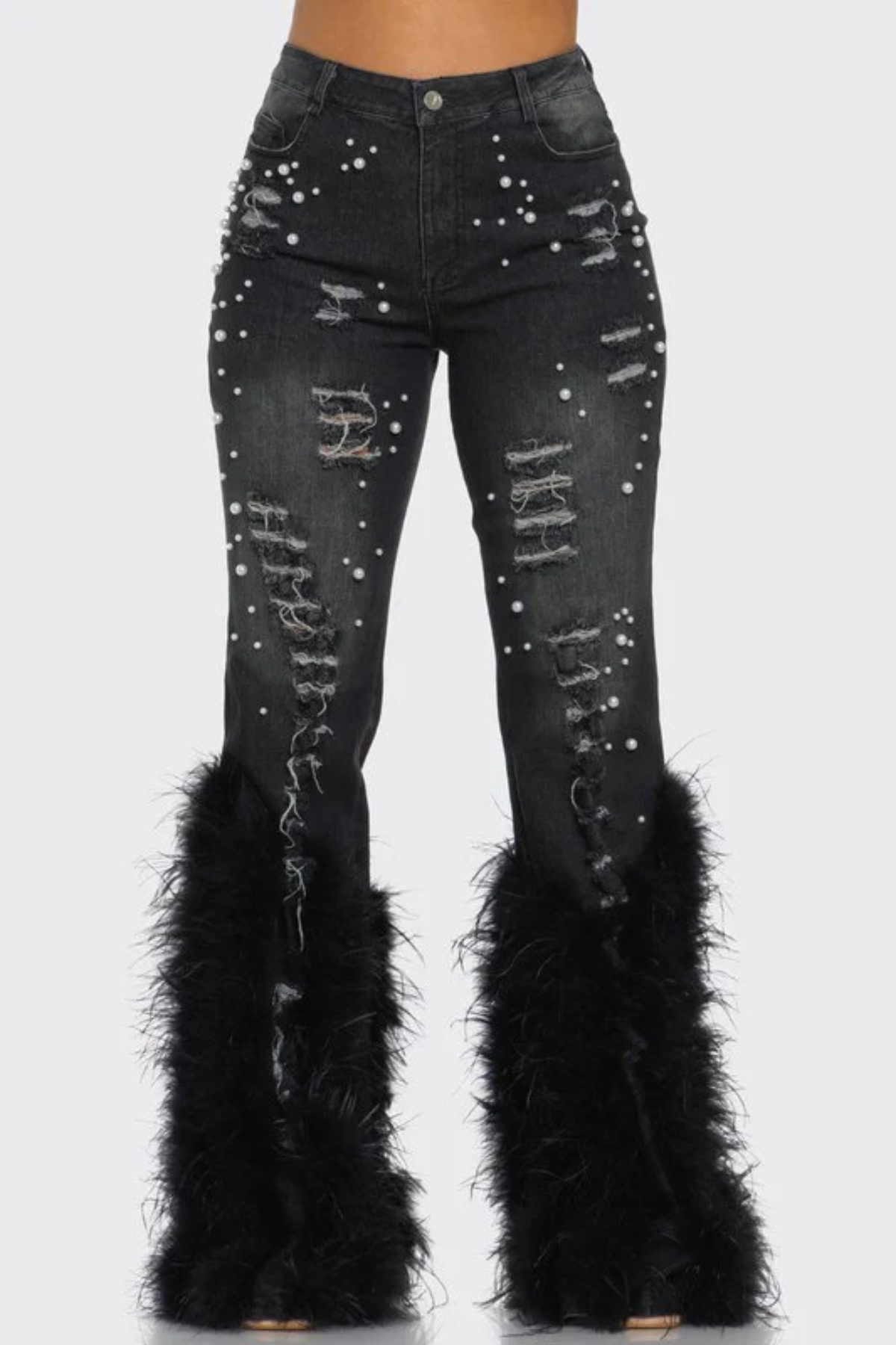 Amberlyn Pearl Embellished Fur Jeans - Black