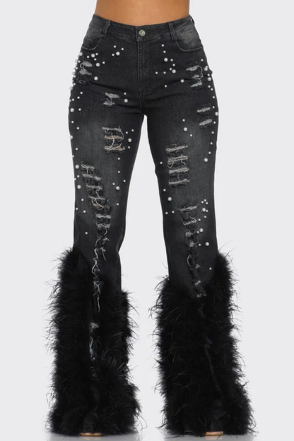 Amberlyn Pearl Embellished Fur Jeans - Black