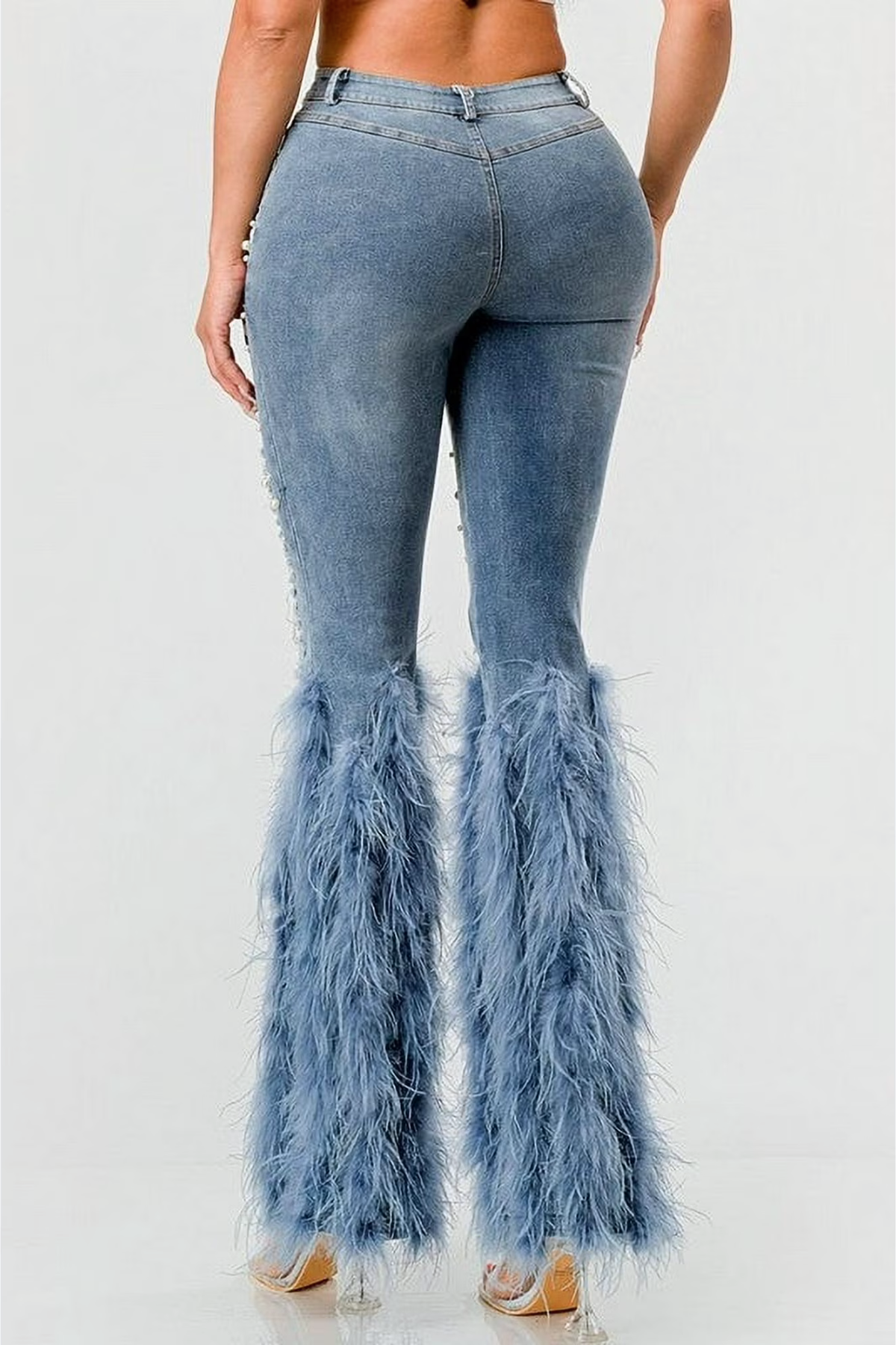 Amberlyn Pearl Embellished Fur Jeans - Blue