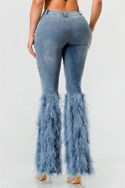 Amberlyn Pearl Embellished Fur Jeans - Blue