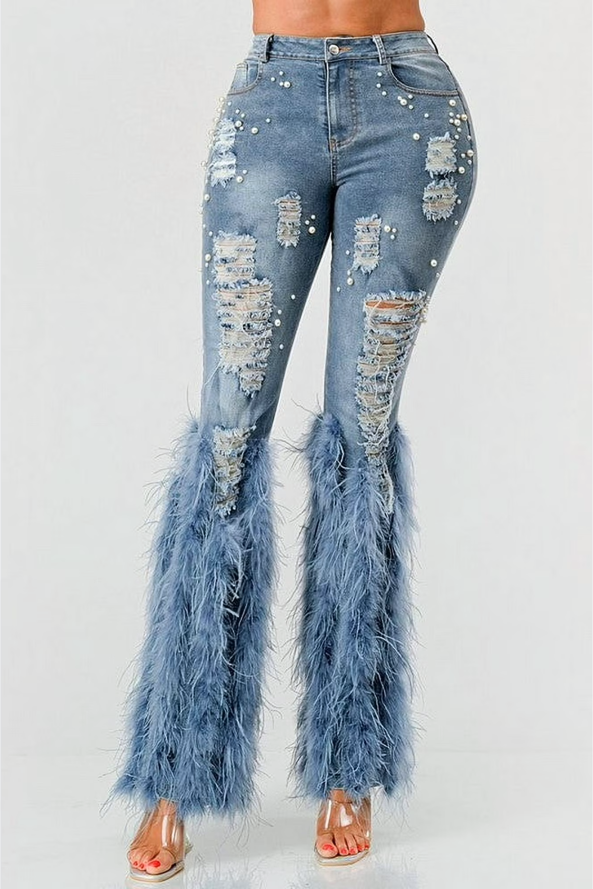 Amberlyn Pearl Embellished Fur Jeans - Blue