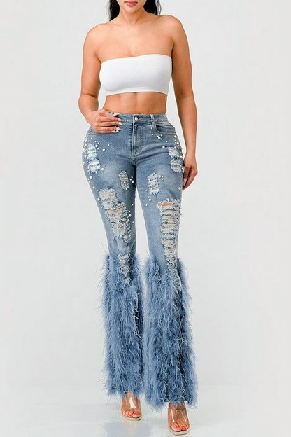 Amberlyn Pearl Embellished Fur Jeans - Blue