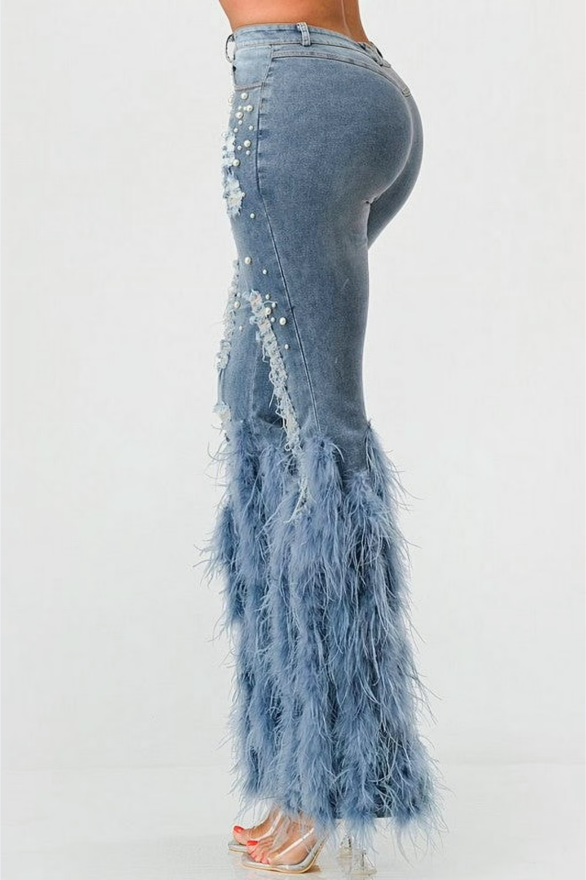 Amberlyn Pearl Embellished Fur Jeans - Blue