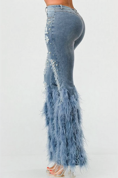 Amberlyn Pearl Embellished Fur Jeans - Blue