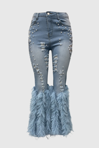 Amberlyn Pearl Embellished Fur Jeans - Blue