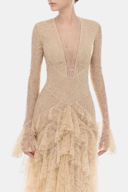 Amoret Lace Ruffle Maxi Dress