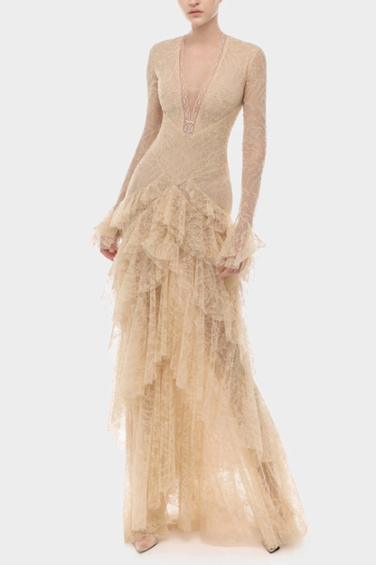 Amoret Lace Ruffle Maxi Dress