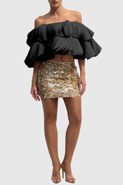 Anae 3D Petal Off Shoulder Crop Top - Black