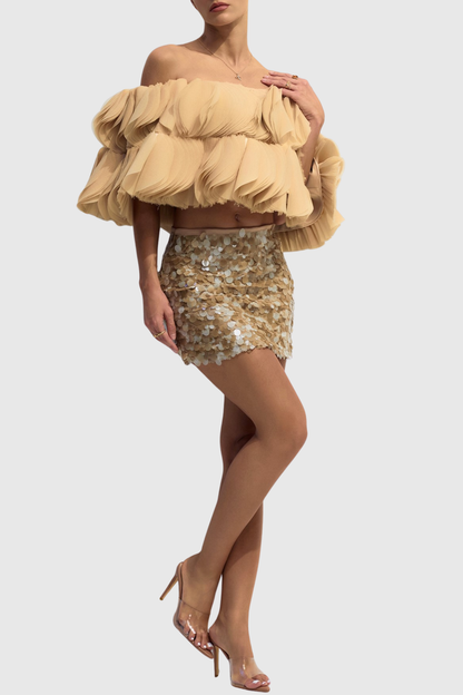 Anae 3D Petal Off Shoulder Crop Top - Khaki