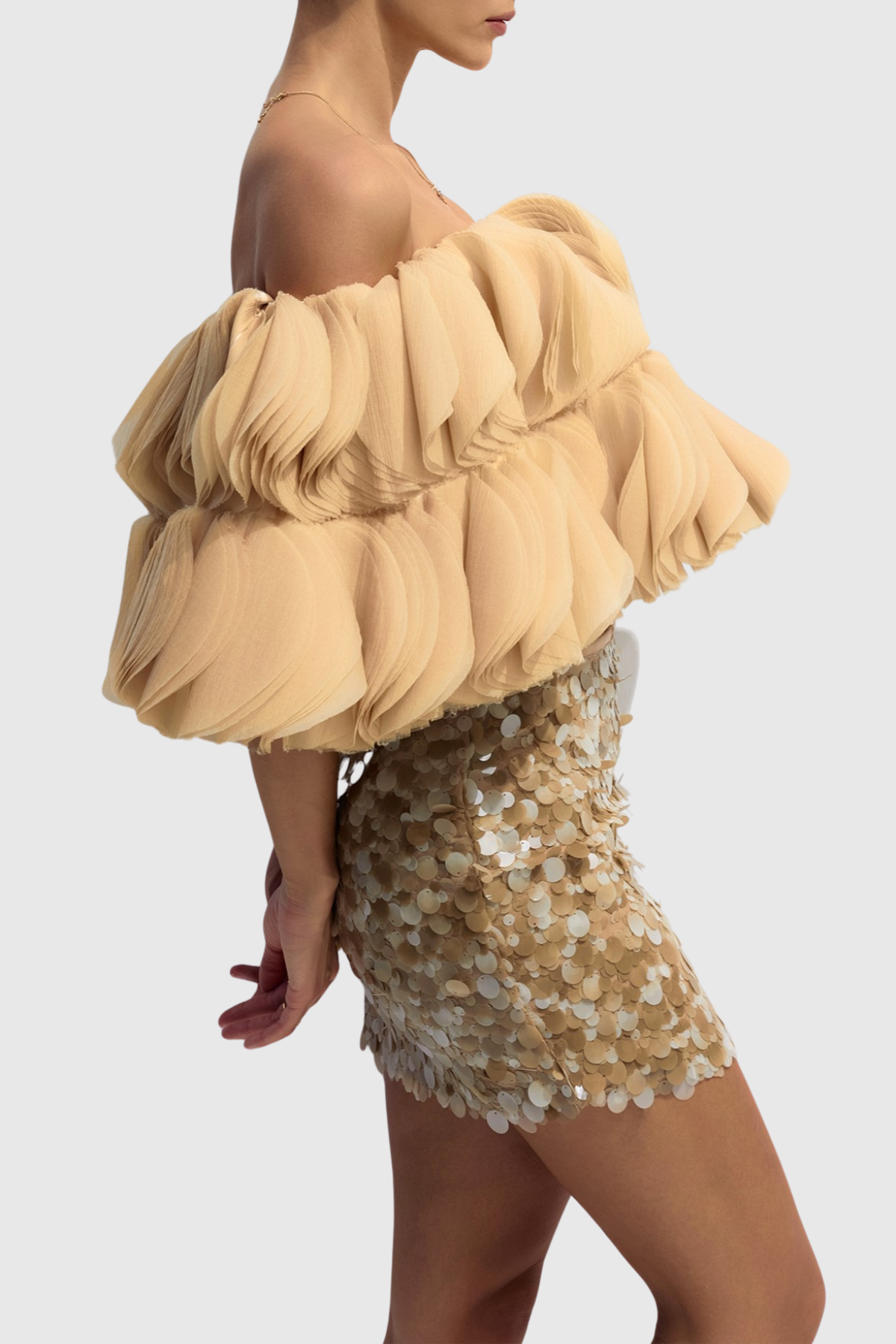 Anae 3D Petal Off Shoulder Crop Top - Khaki