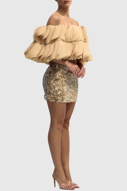 Anae 3D Petal Off Shoulder Crop Top - Khaki