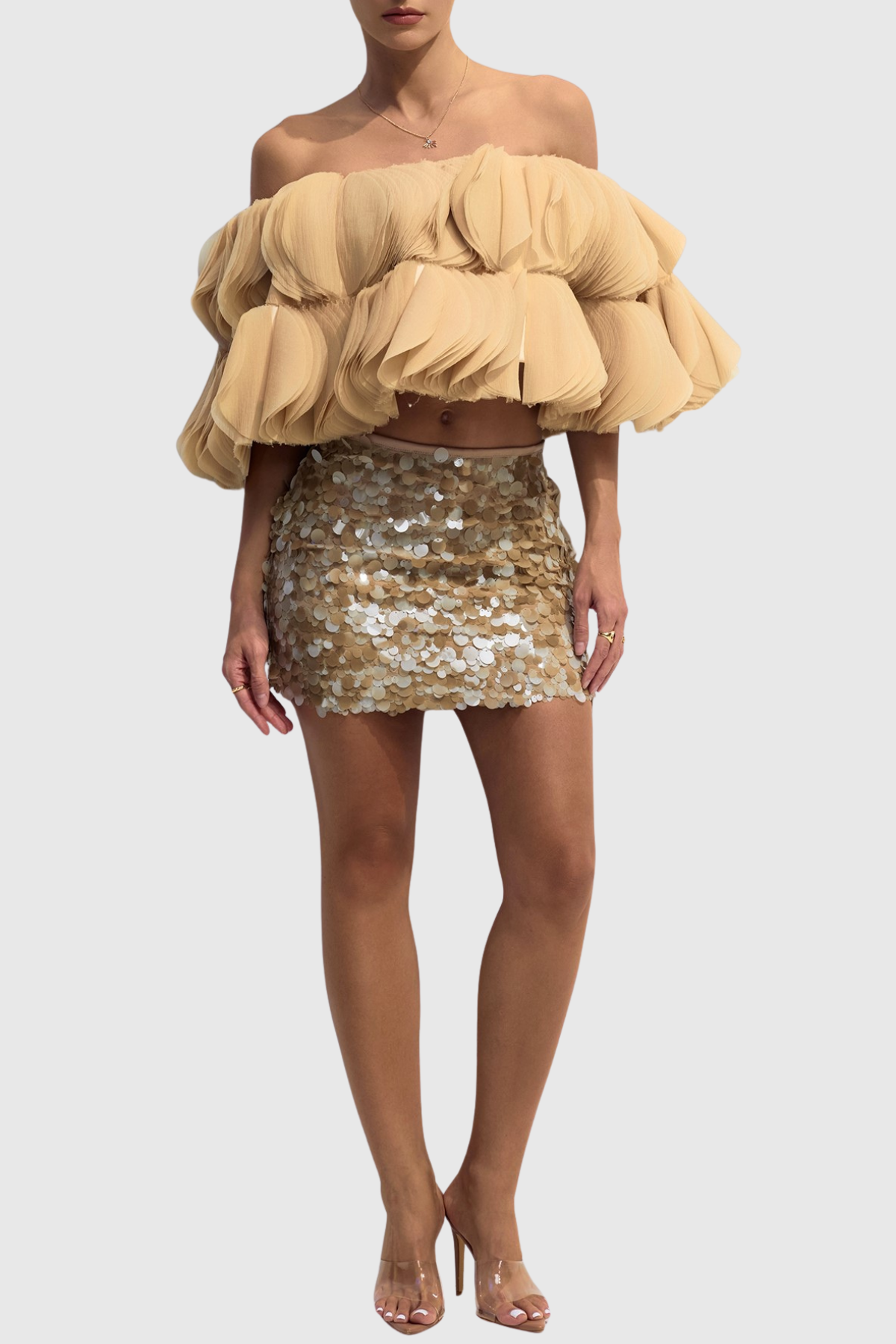Anae 3D Petal Off Shoulder Crop Top - Khaki