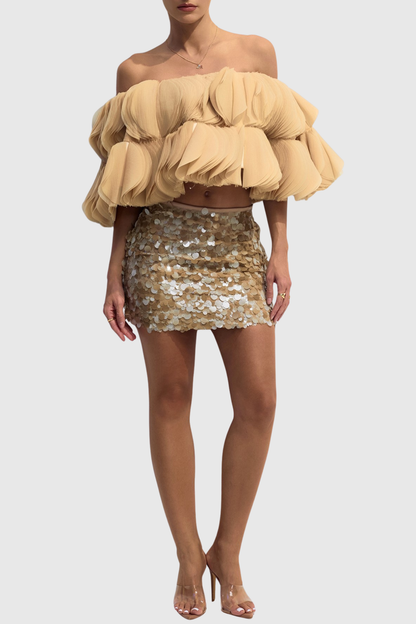 Anae 3D Petal Off Shoulder Crop Top - Khaki