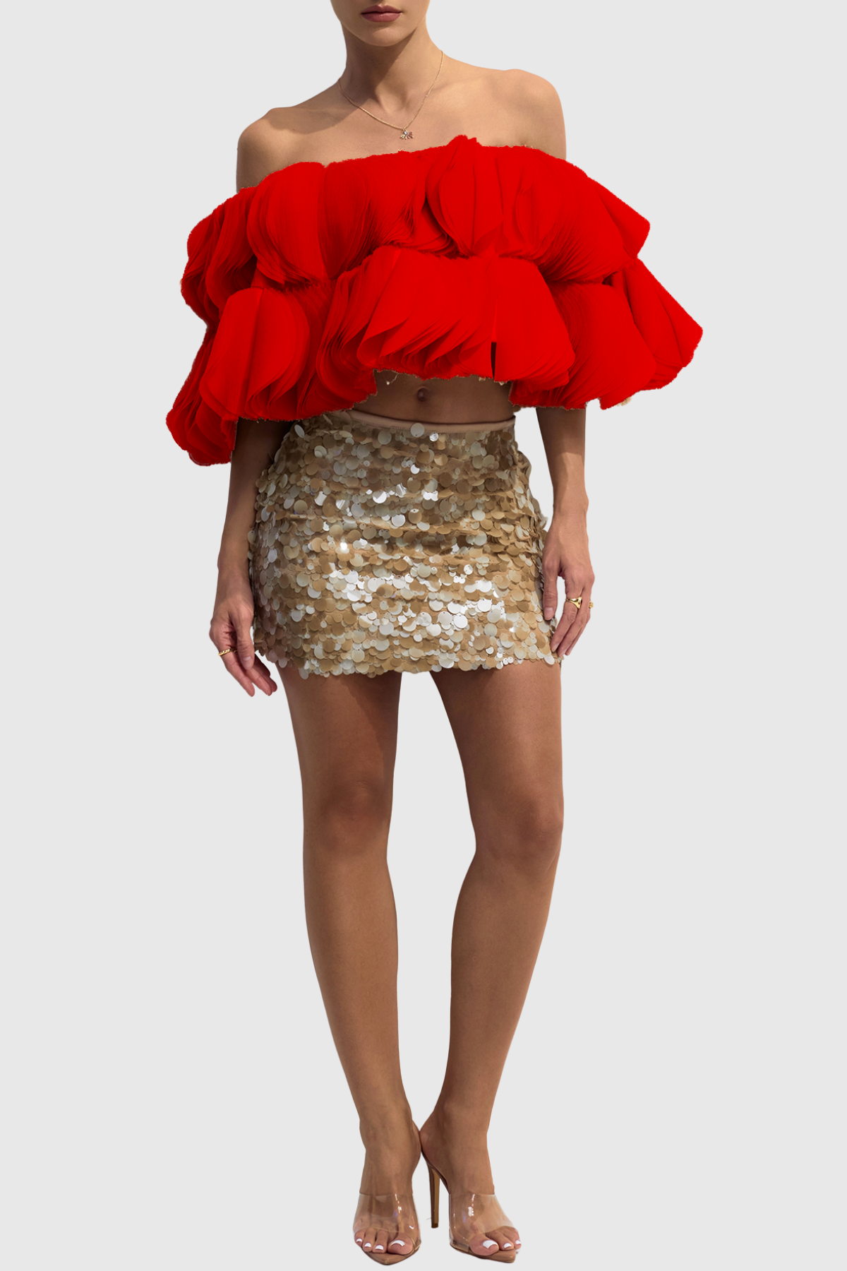Anae 3D Petal Off Shoulder Crop Top - Red