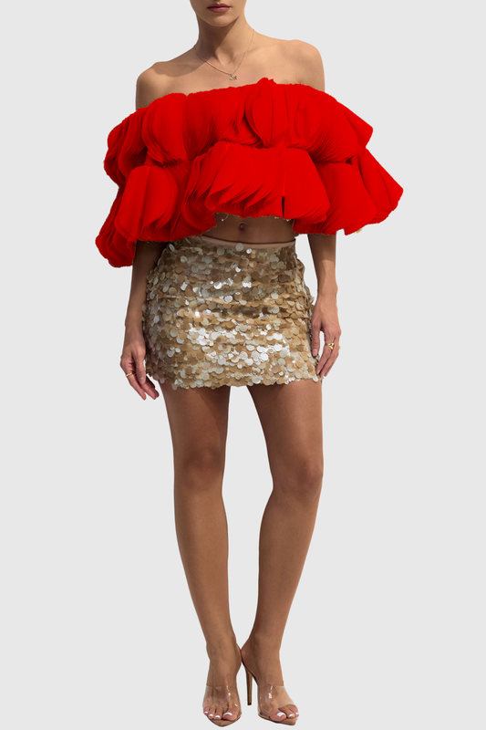 Anae 3D Petal Off Shoulder Crop Top - Red