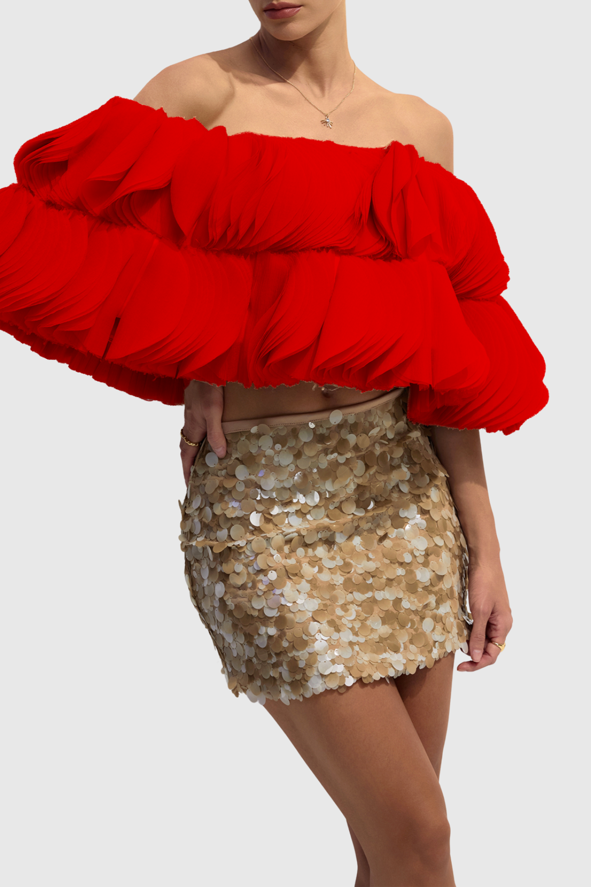 Anae 3D Petal Off Shoulder Crop Top - Red