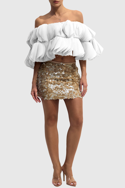 Anae 3D Petal Off Shoulder Crop Top - White