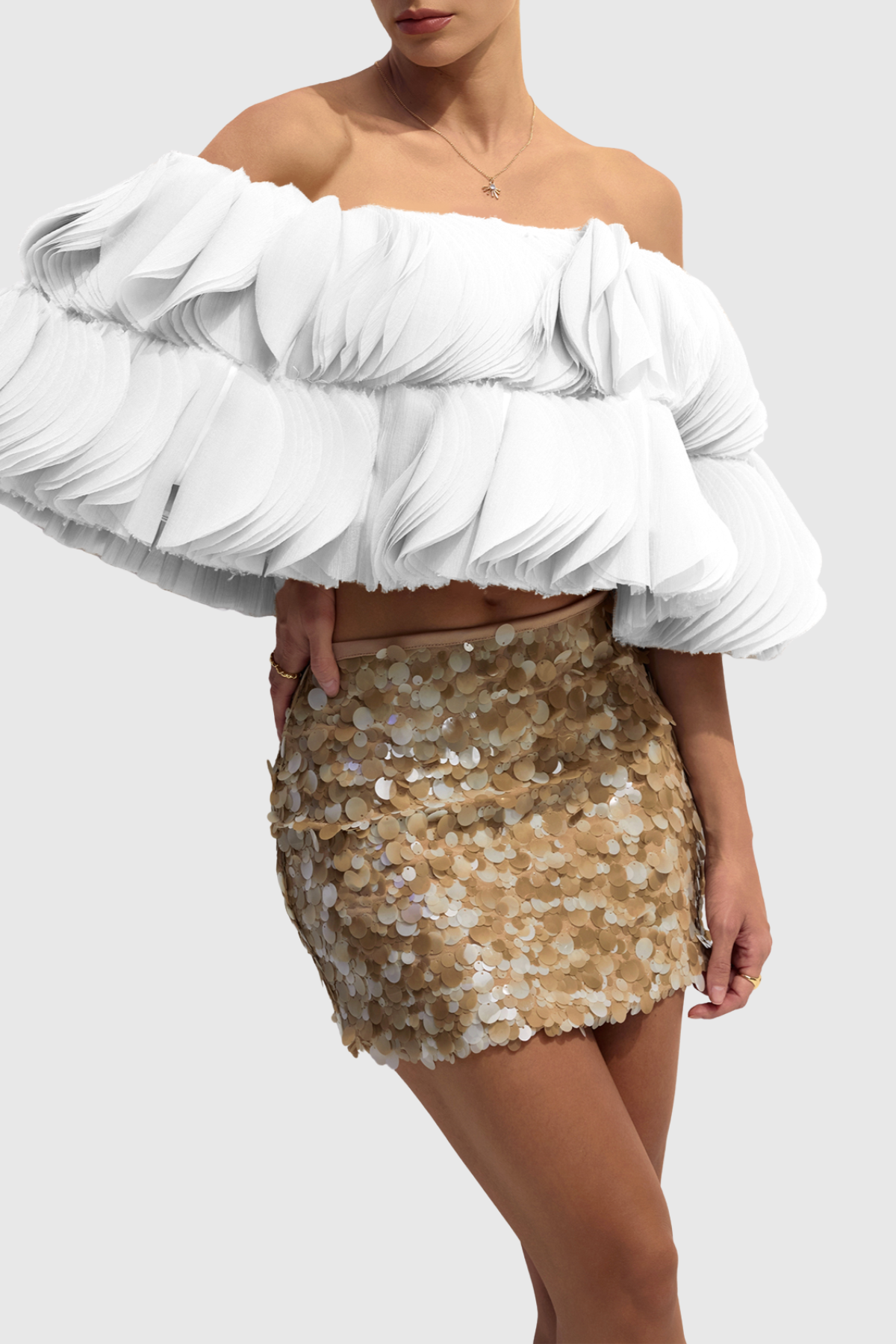 Anae 3D Petal Off Shoulder Crop Top - White