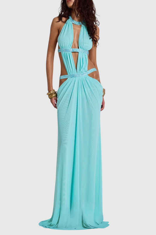 Anala Cutout Glitter Ruched Maxi Dress - Blue