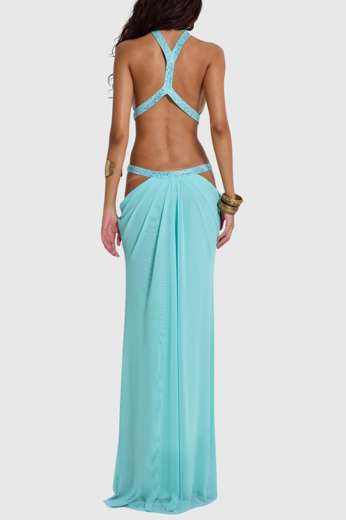 Anala Cutout Glitter Ruched Maxi Dress - Blue