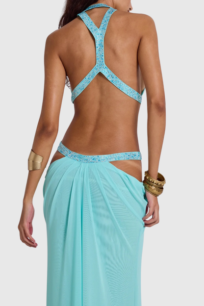 Anala Cutout Glitter Ruched Maxi Dress - Blue