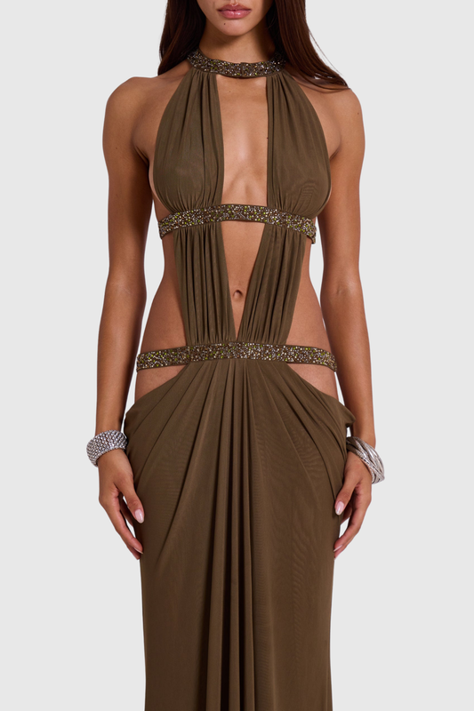 Anala Cutout Glitter Ruched Maxi Dress - Brown