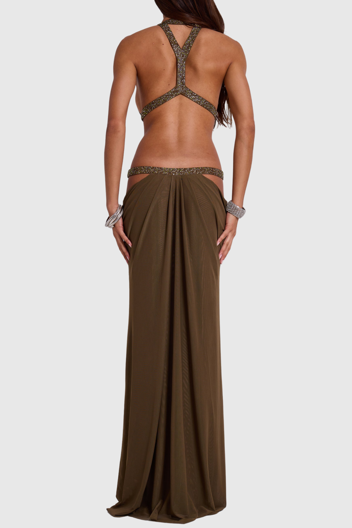 Anala Cutout Glitter Ruched Maxi Dress - Brown