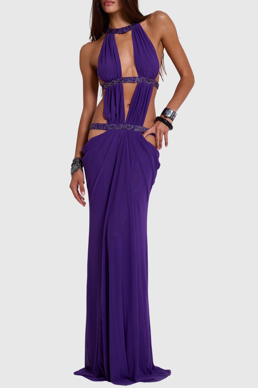 Anala Cutout Glitter Ruched Maxi Dress -Purple