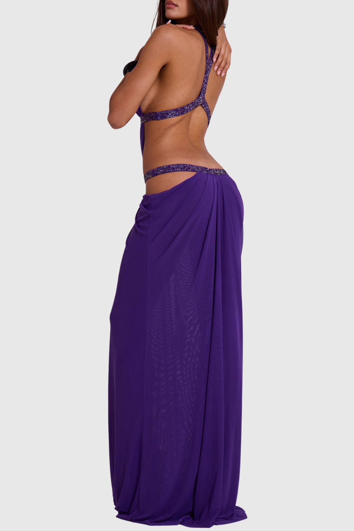 Anala Cutout Glitter Ruched Maxi Dress -Purple