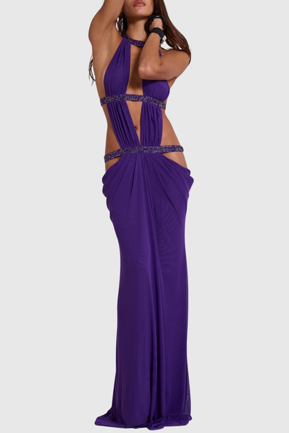 Anala Cutout Glitter Ruched Maxi Dress -Purple