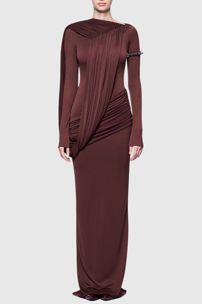 Andersa Asymmetric Draped Maxi Dress - Brown