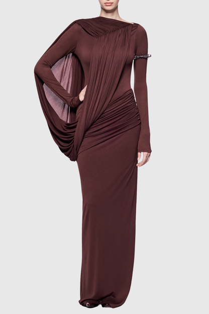 Andersa Asymmetric Draped Maxi Dress - Brown