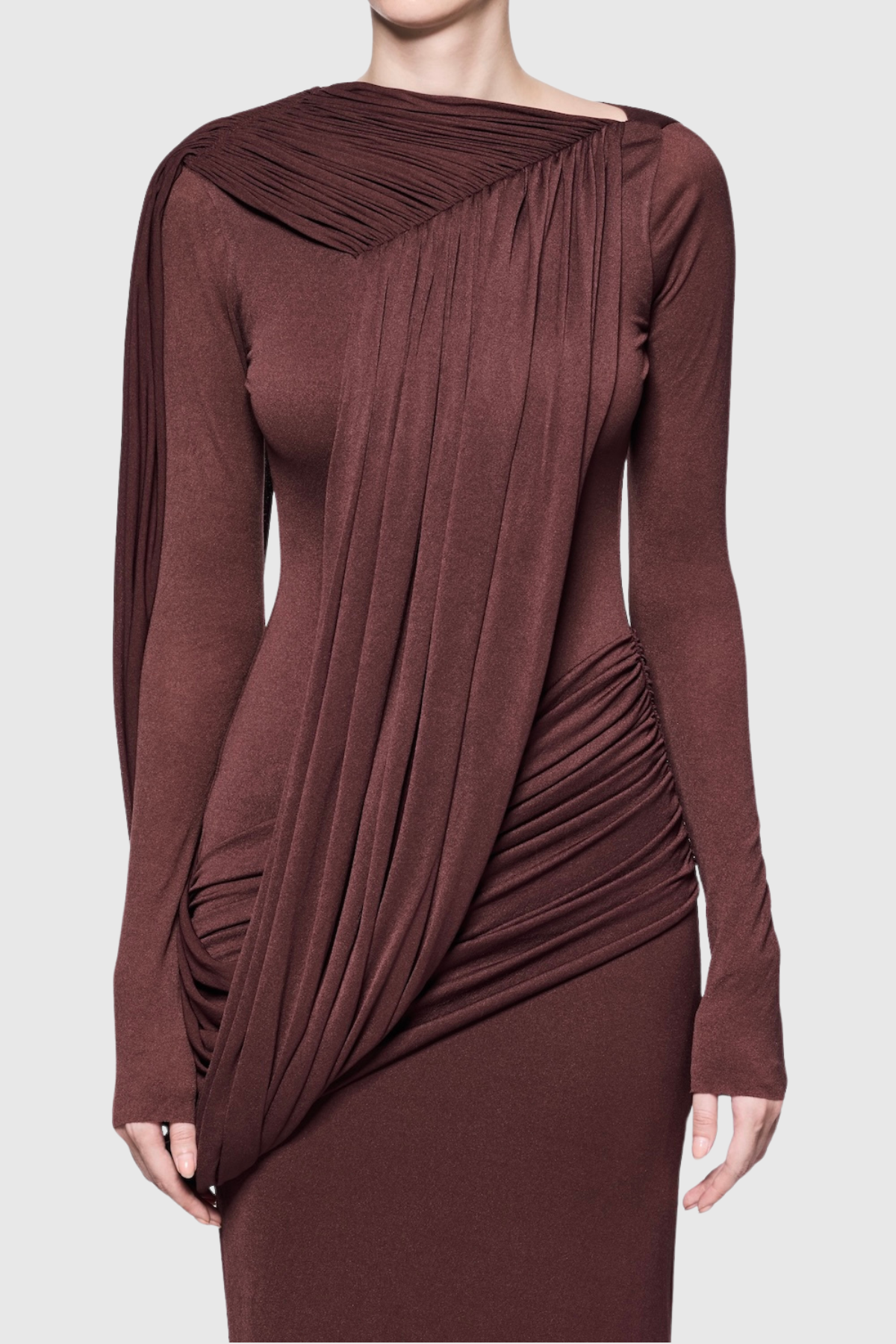 Andersa Asymmetric Draped Maxi Dress - Brown