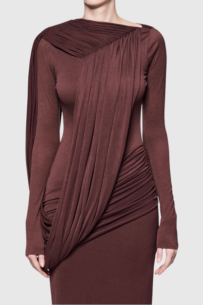 Andersa Asymmetric Draped Maxi Dress - Brown