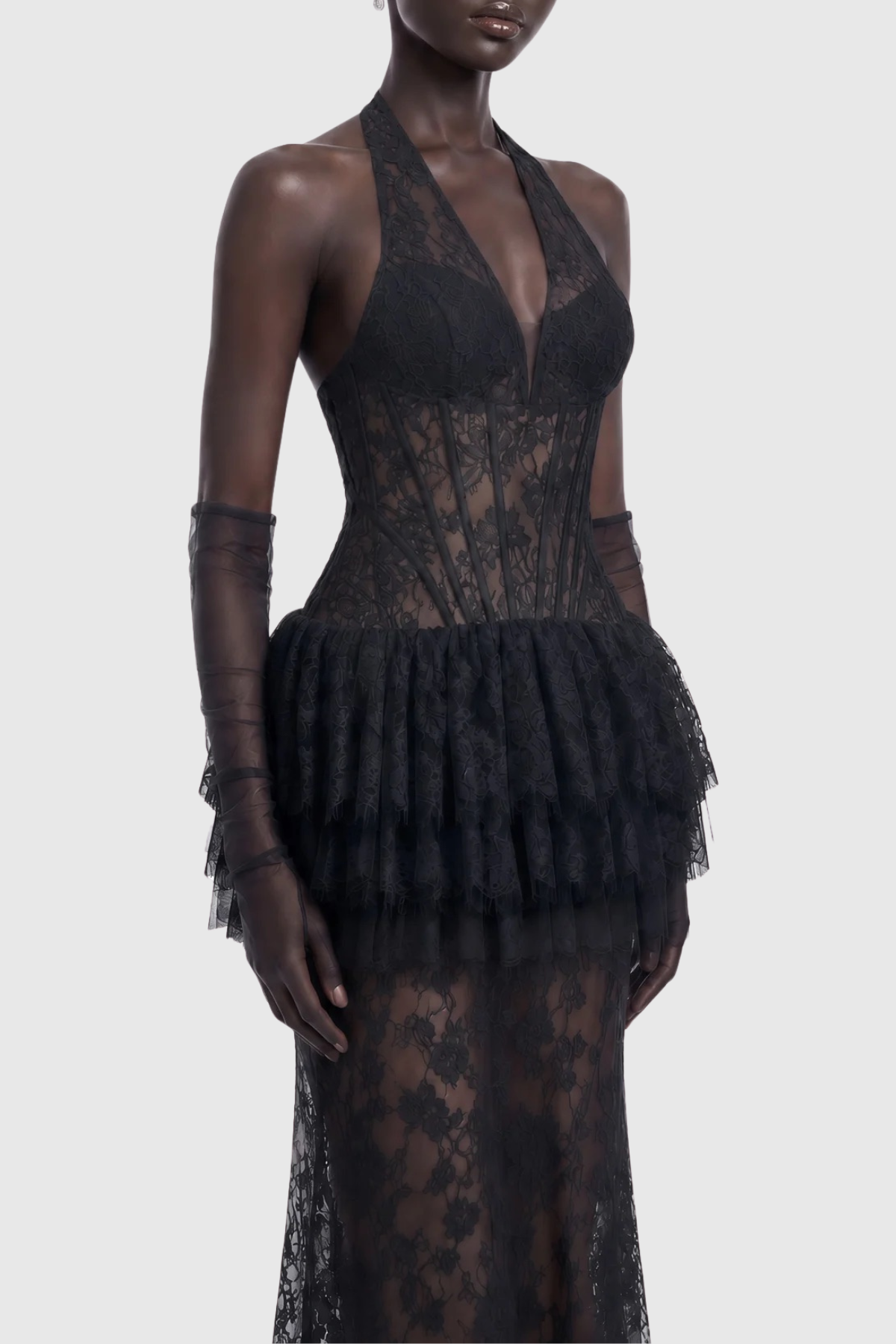 Anemone Halter Lace Tiered Maxi Dress - Black