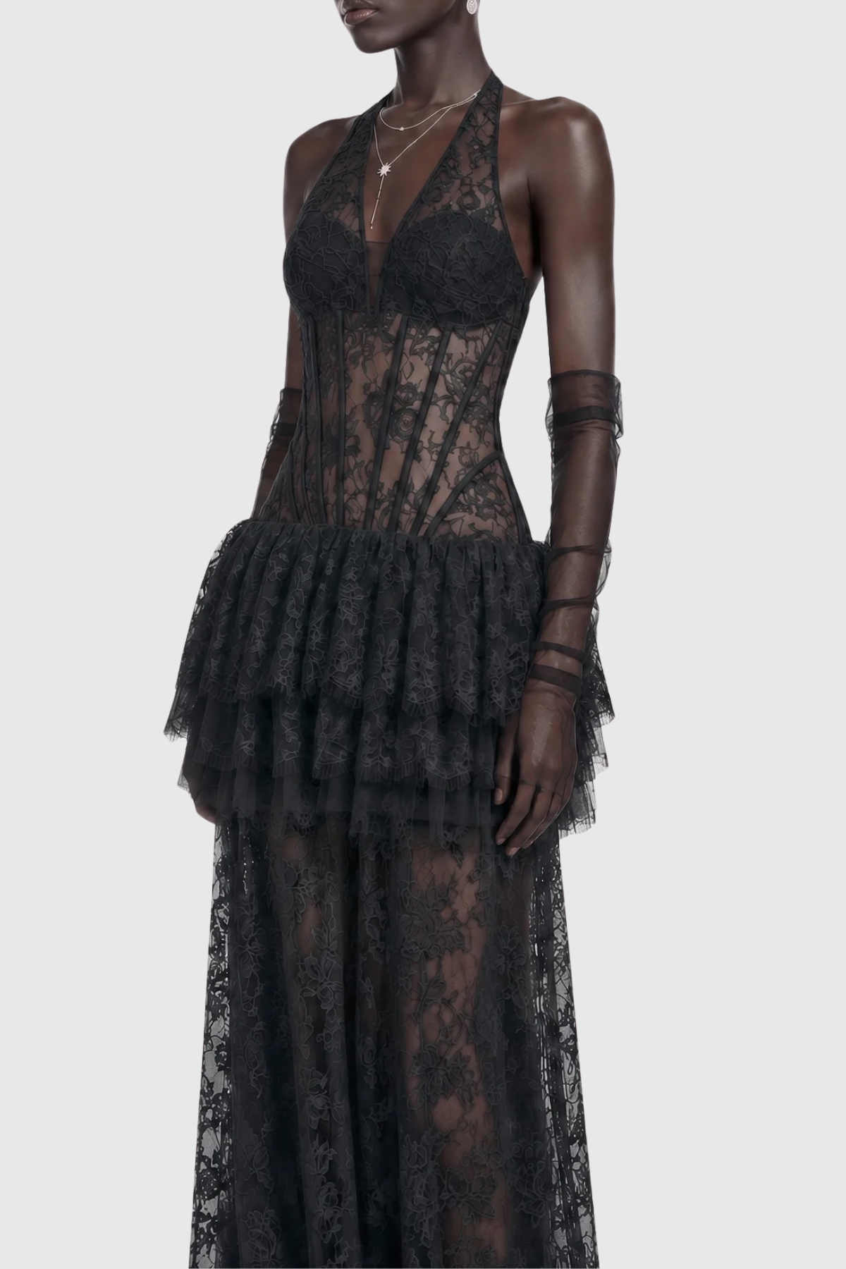 Anemone Halter Lace Tiered Maxi Dress - Black