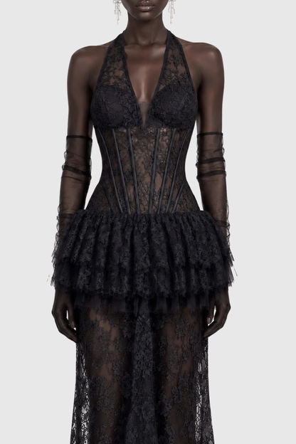 Anemone Halter Lace Tiered Maxi Dress - Black