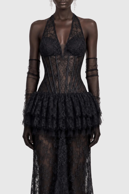 Anemone Halter Lace Tiered Maxi Dress - Black