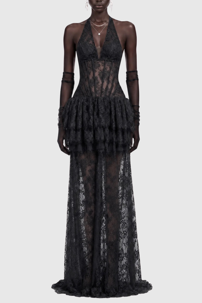 Anemone Halter Lace Tiered Maxi Dress - Black