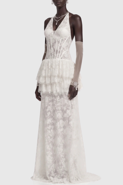 Anemone Halter Lace Tiered Maxi Dress - White