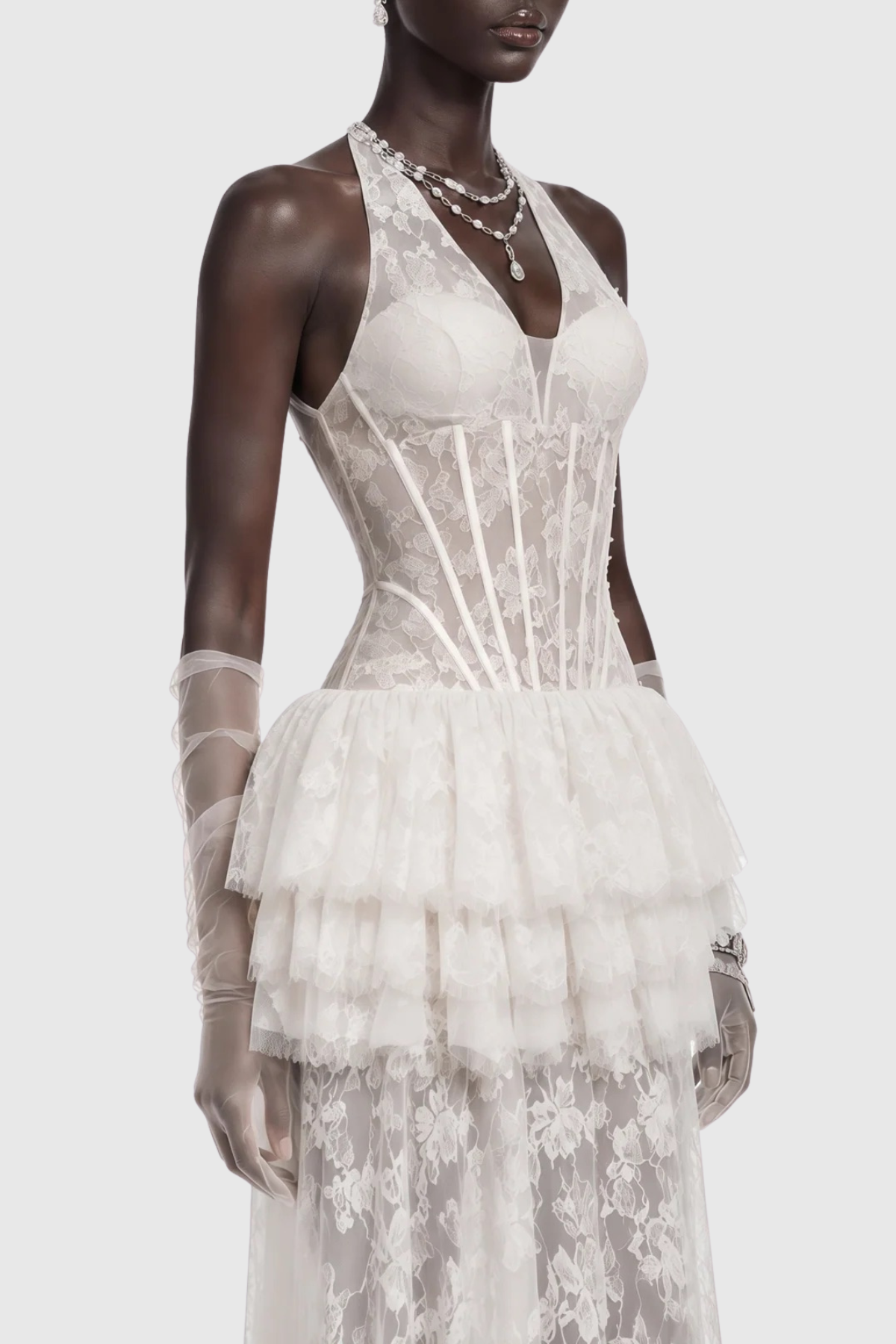 Anemone Halter Lace Tiered Maxi Dress - White