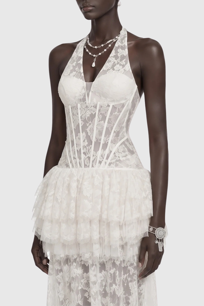 Anemone Halter Lace Tiered Maxi Dress - White