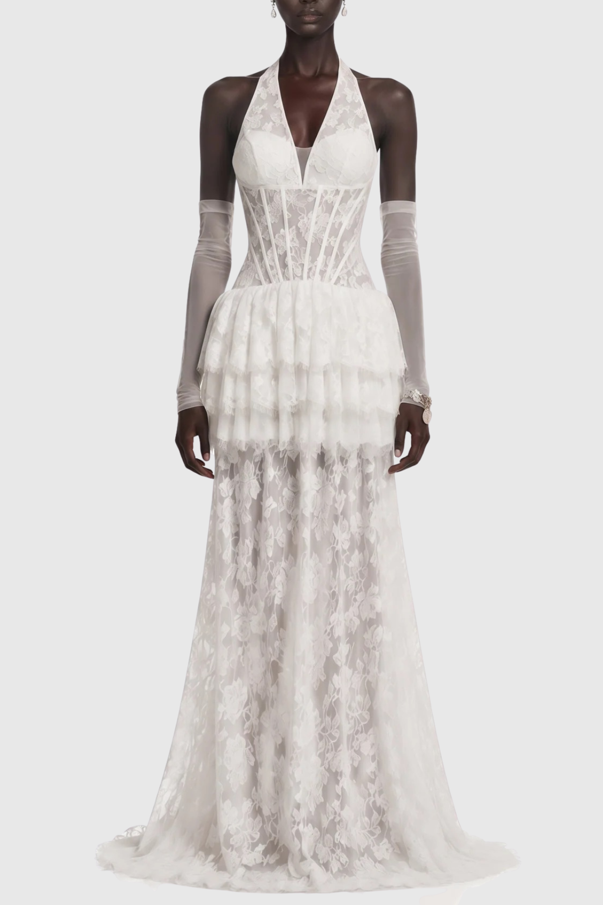 Anemone Halter Lace Tiered Maxi Dress - White