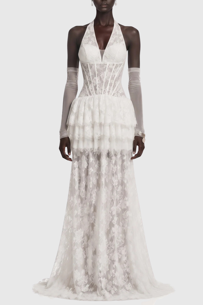 Anemone Halter Lace Tiered Maxi Dress - White