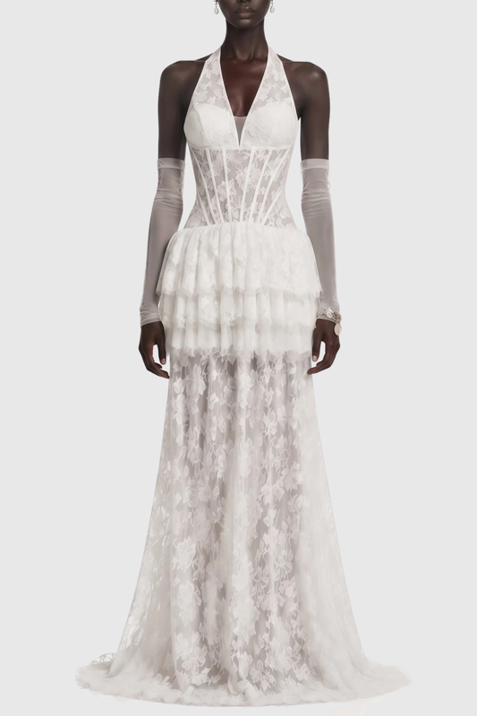 Anemone Halter Lace Tiered Maxi Dress - White